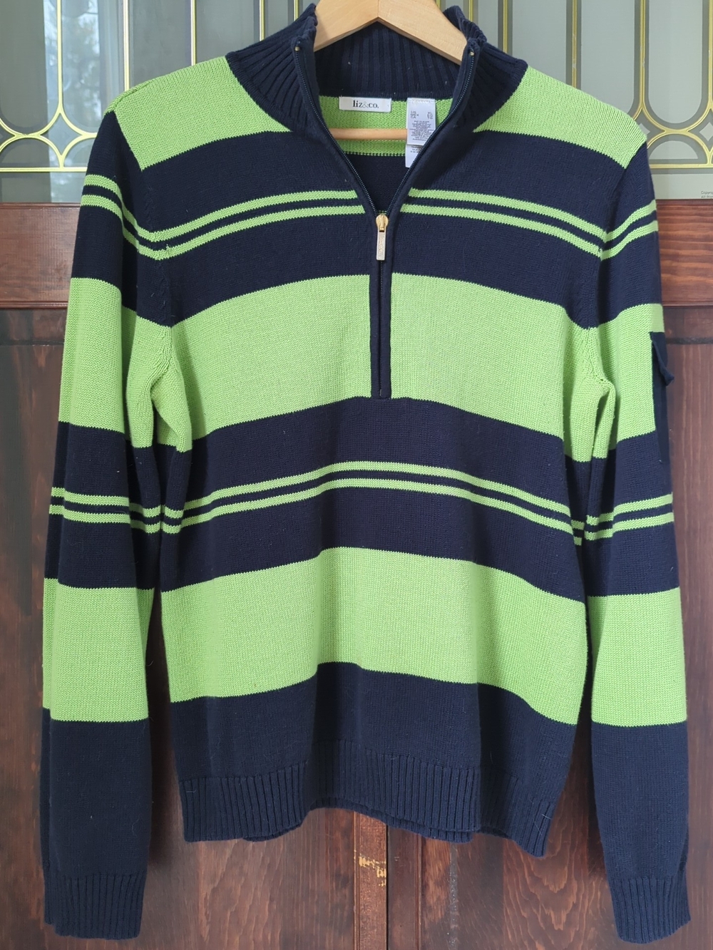 Liz & Co. | Half-Zip Striped Sweater - Navy & Lime Green | Women's Size XL